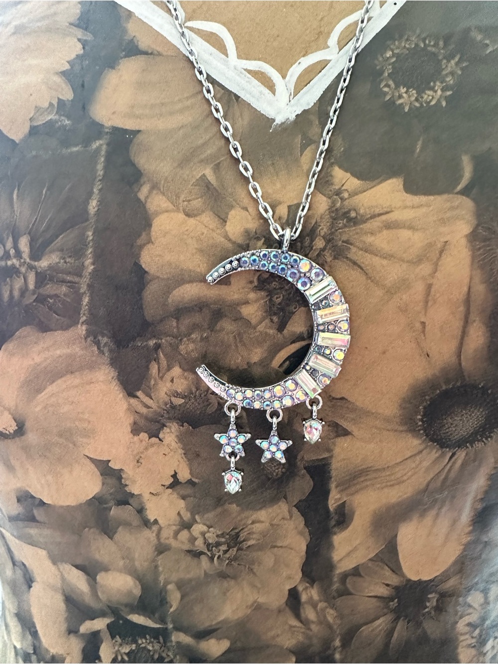 Iridescent Crescent Moon Pendant Necklace with Dangle Stars - Silver Tone